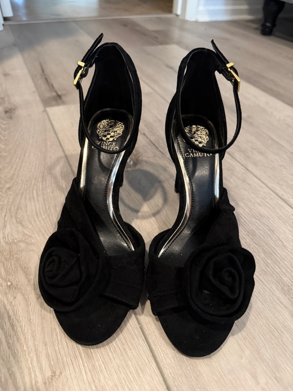 Vince Camuto Black Suede Rose-Embellished Ankle-Strap Heels Size 6.5